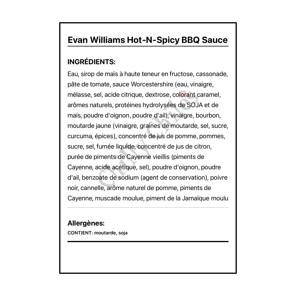Evan Williams Hot-N-Spicy BBQ Sauce - Ingrédients Français
