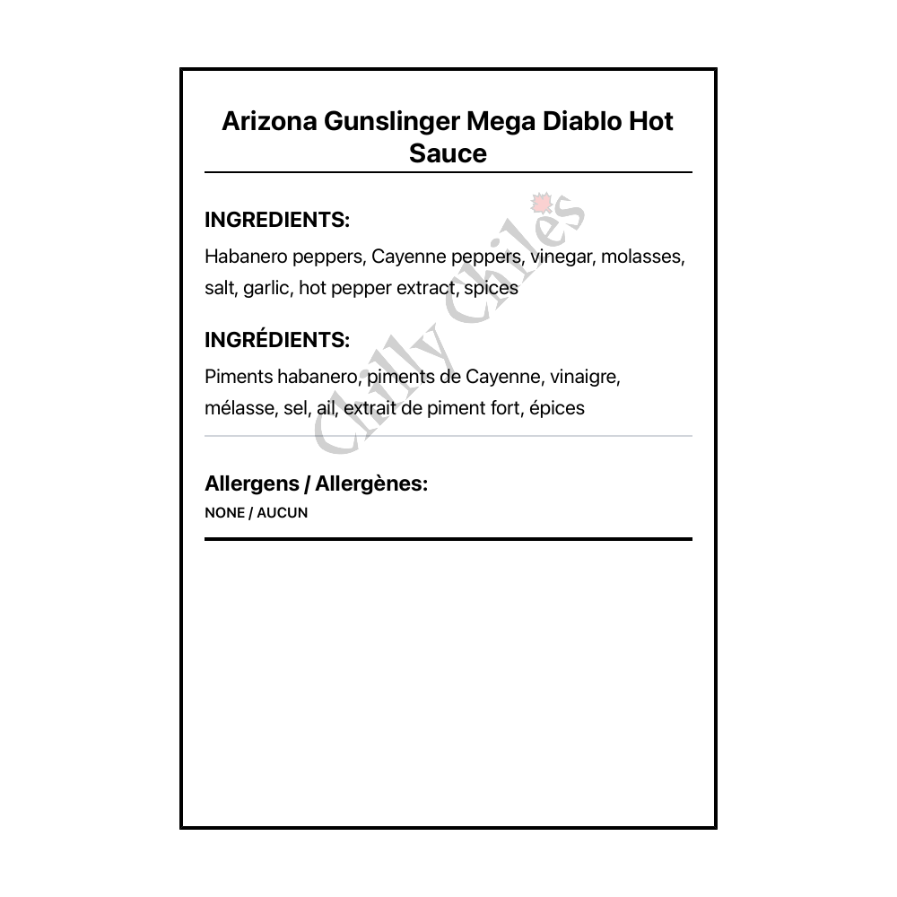 Arizona Gunslinger Mega Diablo Hot Sauce - Bilingual Ingredients