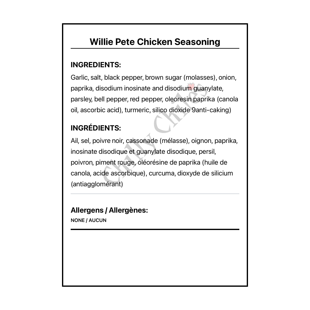 Willie Pete Chicken Seasoning - Bilingual Ingredients