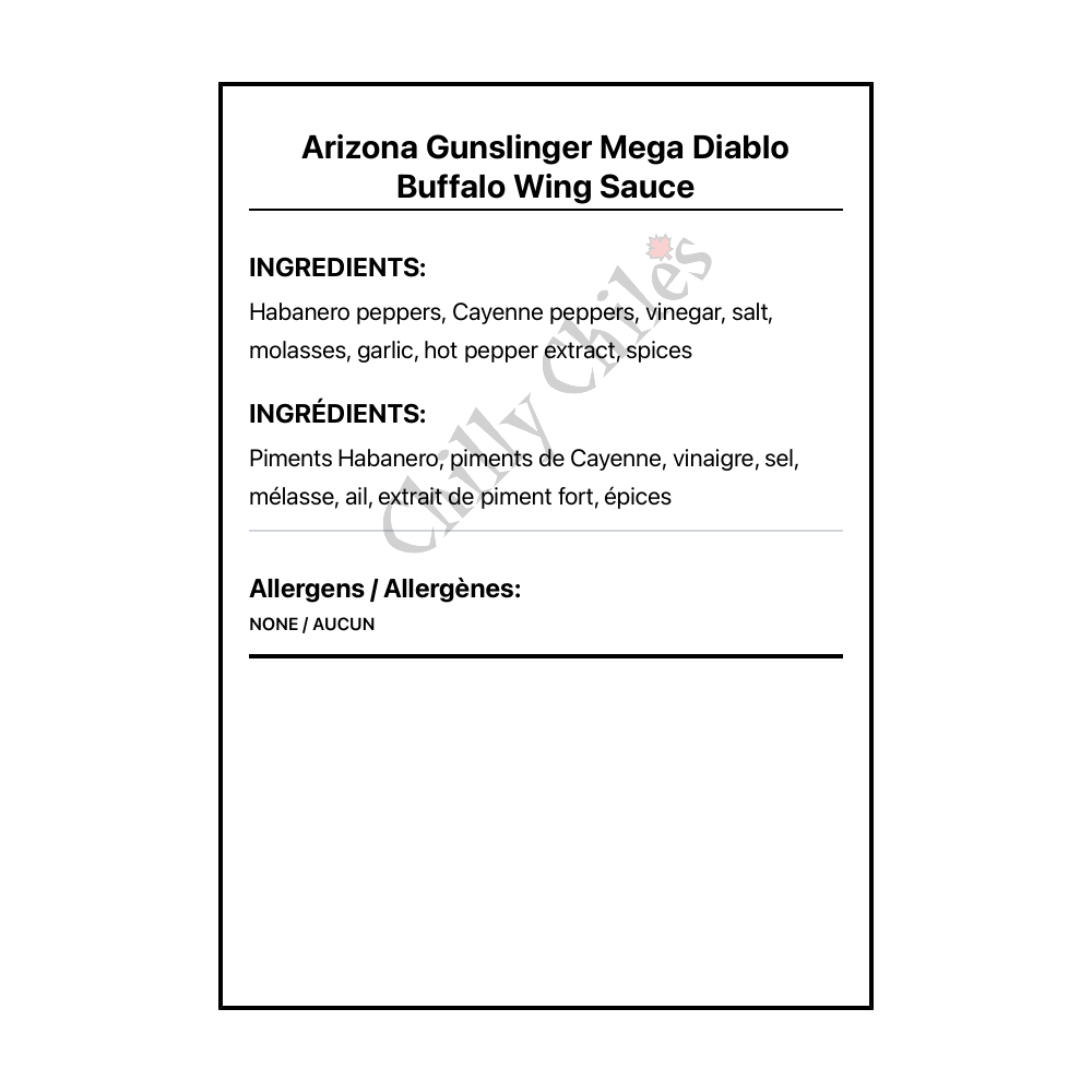 Arizona Gunslinger Mega Diablo Buffalo Wing Sauce - Bilingual Ingredients