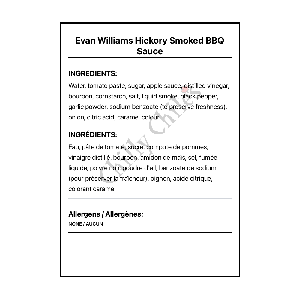 Evan Williams Hickory Smoked BBQ Sauce - Bilingual Ingredients