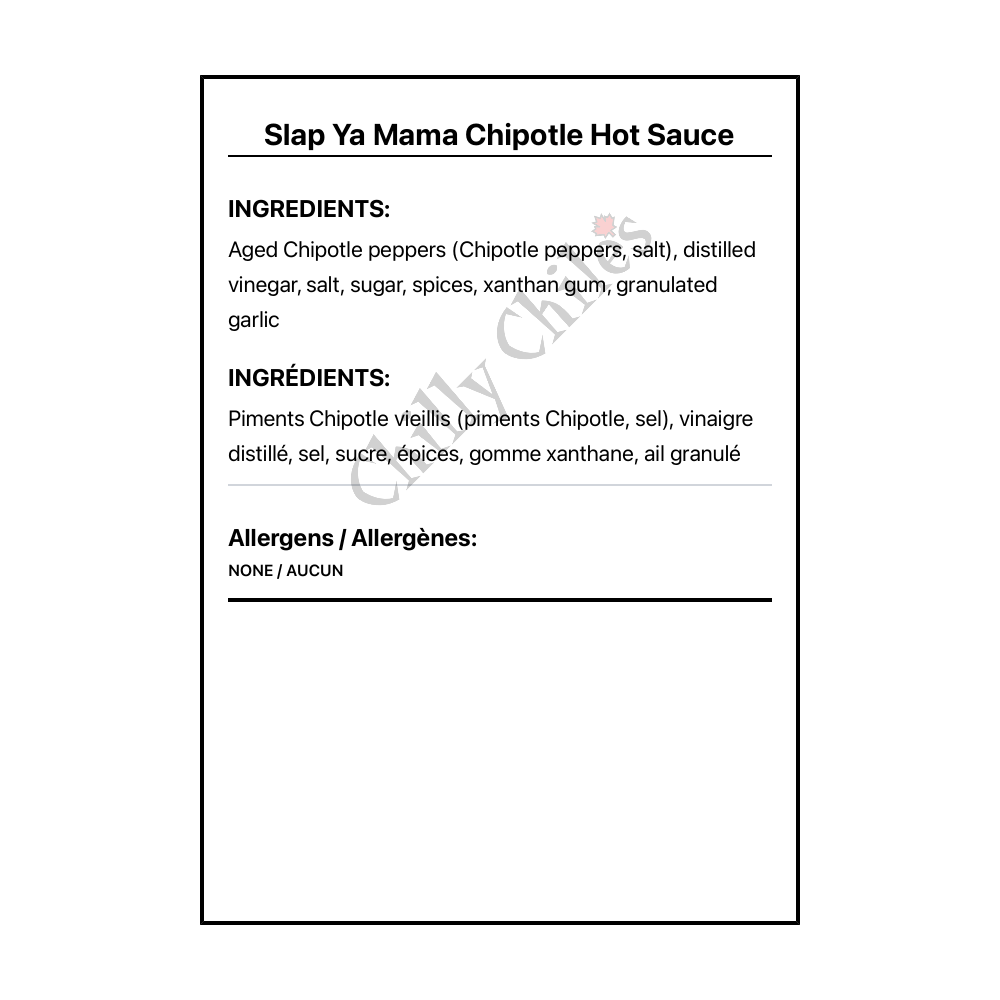 Slap Ya Mama Chipotle Hot Sauce - Bilingual Ingredients