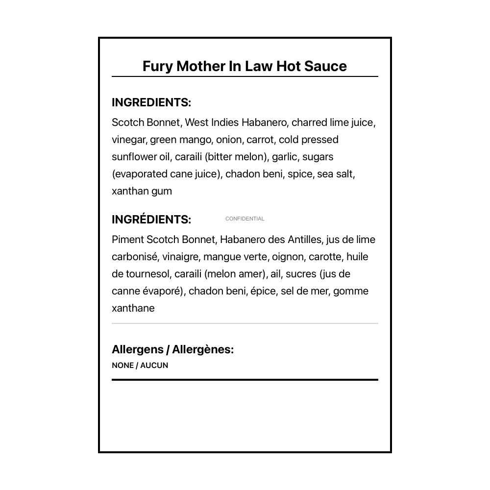 Fury Mother In Law Hot Sauce - Bilingual Ingredients