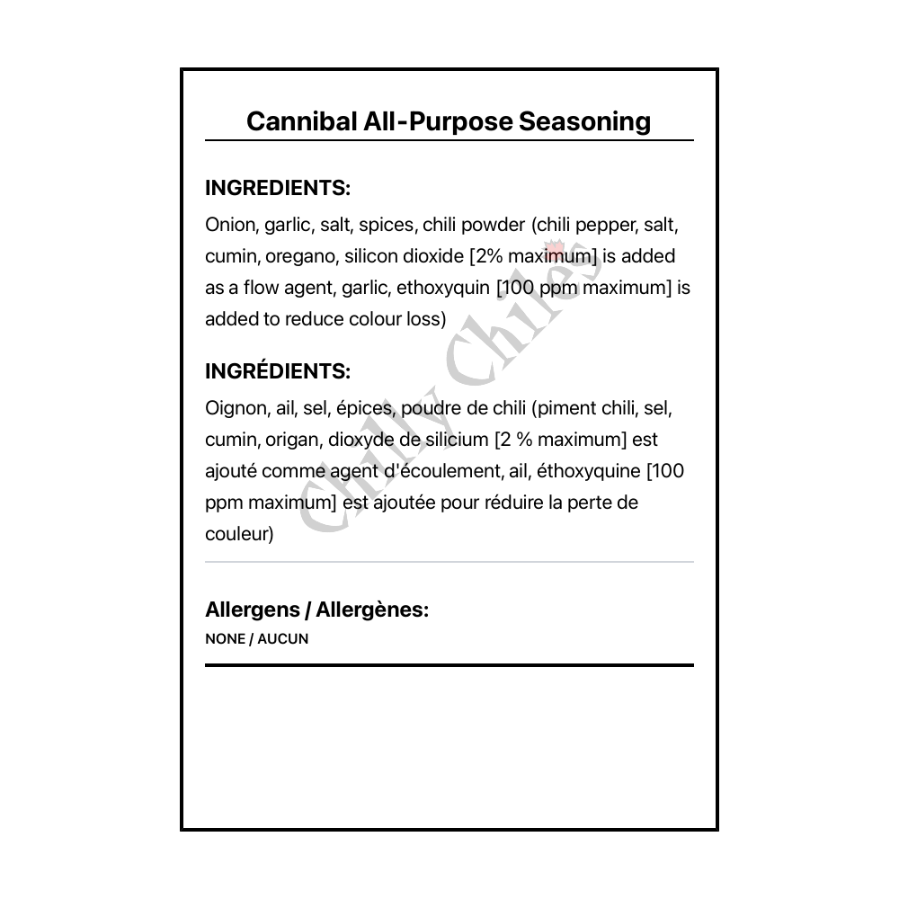 Cannibal All-Purpose Seasoning - Bilingual Ingredients