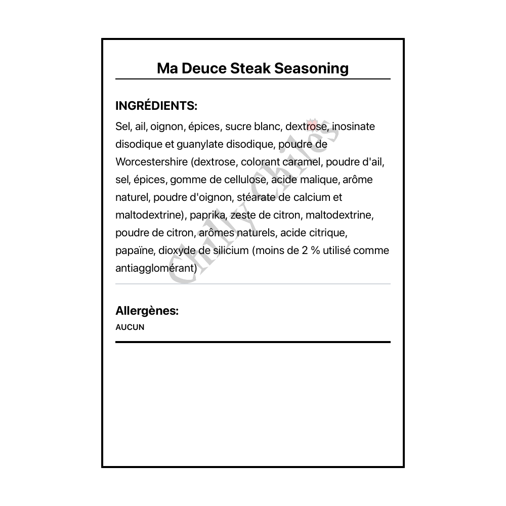 Ma Deuce Steak Seasoning - Ingrédients Français