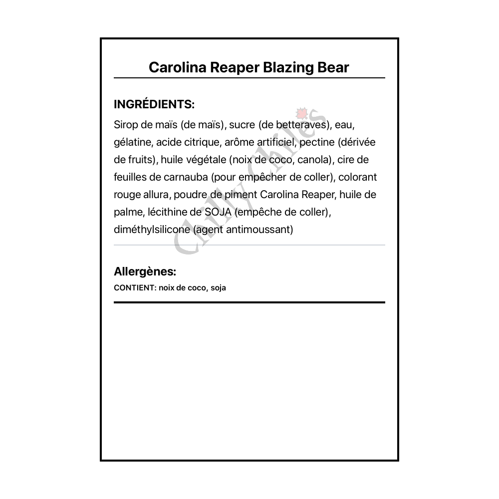 Carolina Reaper Blazing Bear - Ingrédients Français
