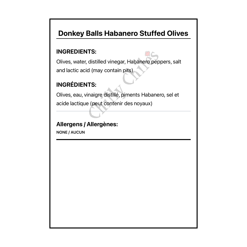 Donkey Balls Habanero Stuffed Olives - Bilingual Ingredients