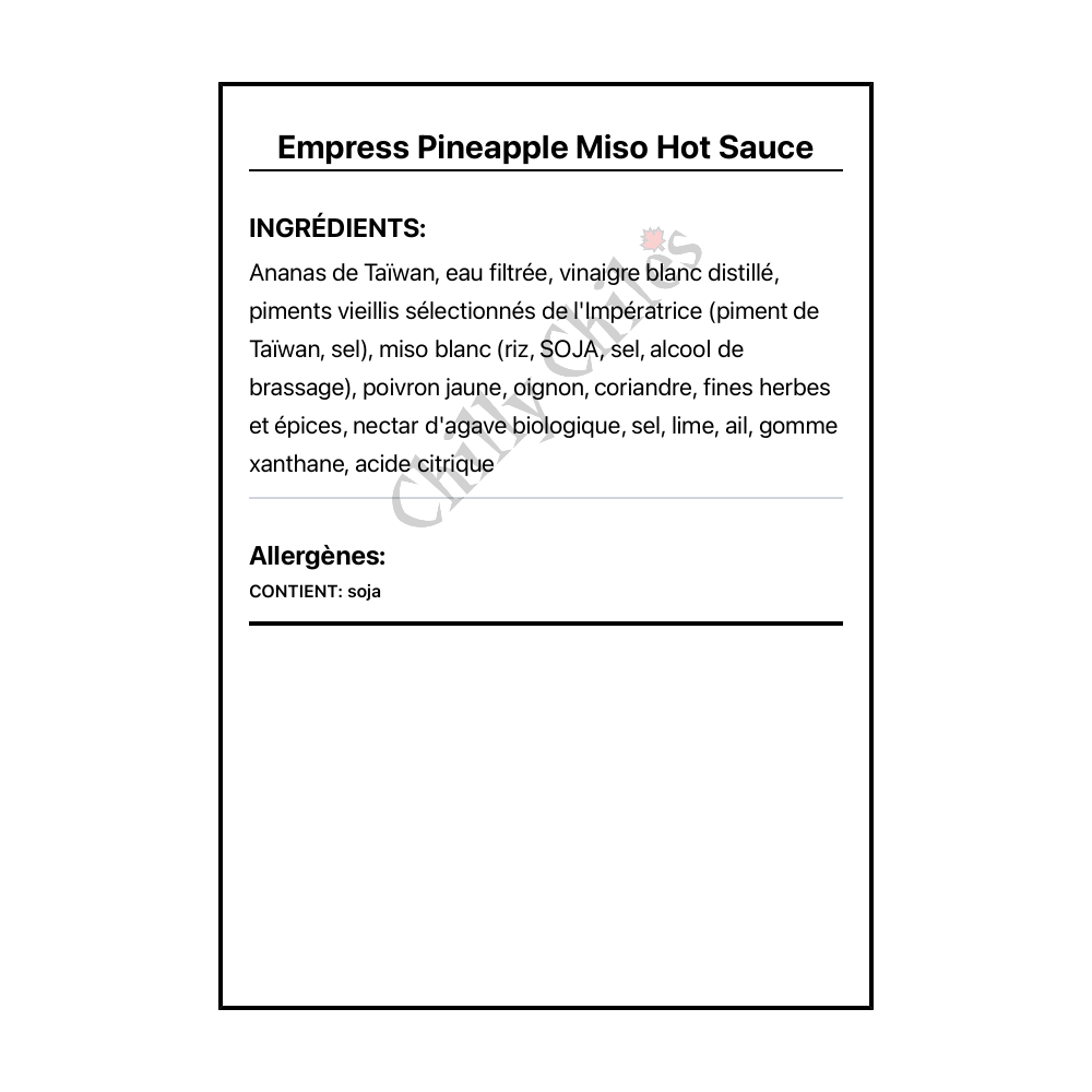 Empress Pineapple Miso Hot Sauce - Ingrédients Français