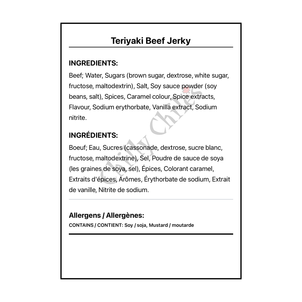 Teriyaki Beef Jerky - Bilingual Ingredients