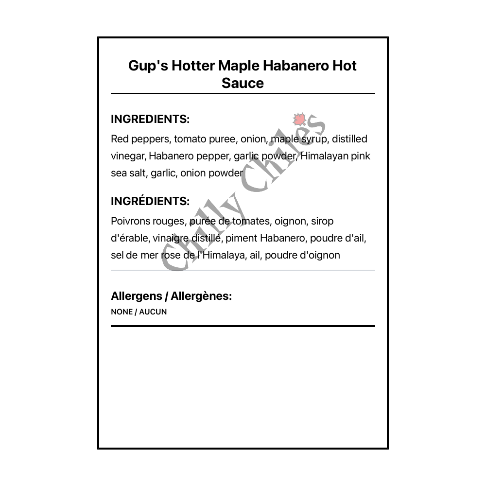 Gup's Hotter Maple Habanero Hot Sauce - Bilingual Ingredients