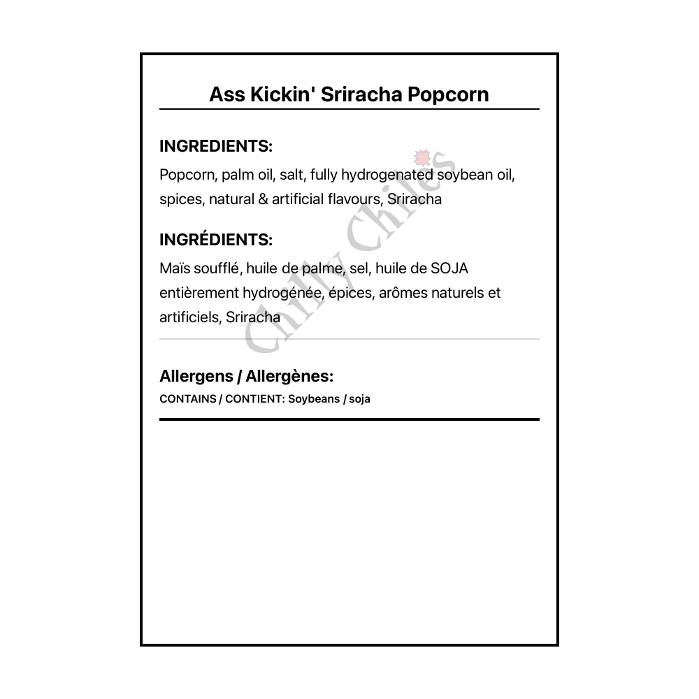 Ass Kickin' Sriracha Popcorn - Bilingual Ingredients