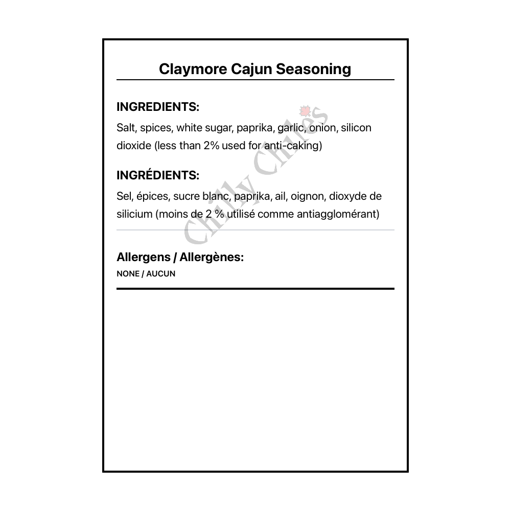 Claymore Cajun Seasoning - Bilingual Ingredients