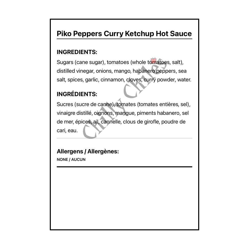 Piko Peppers Curry Ketchup Hot Sauce - Bilingual Ingredients