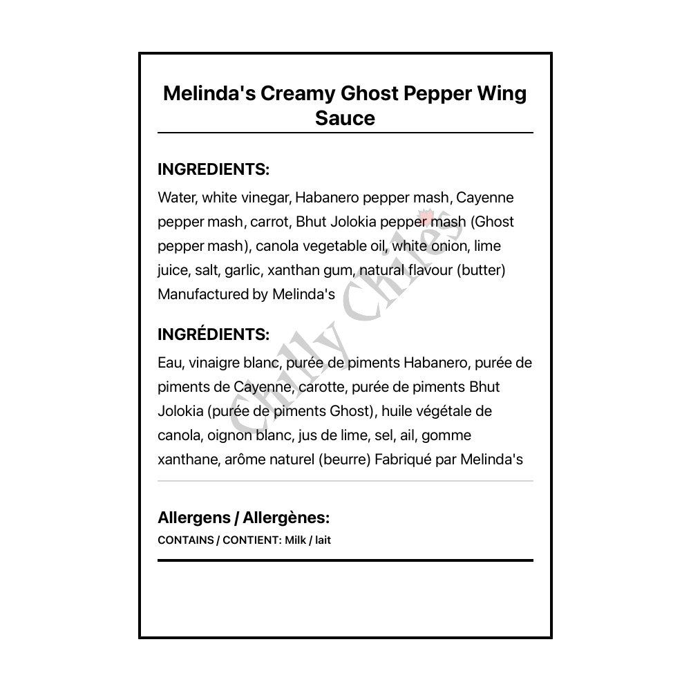 Melinda's Creamy Ghost Pepper Wing Sauce - Bilingual Ingredients