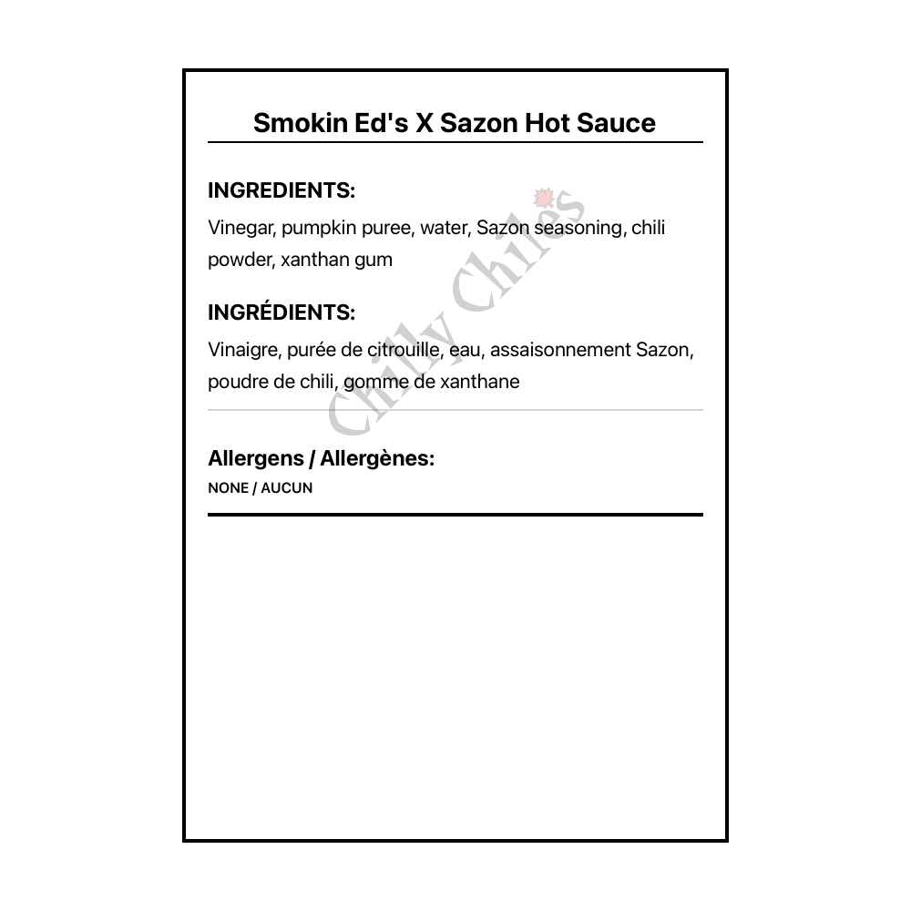 Smokin Ed's X Sazon Hot Sauce - Bilingual Ingredients