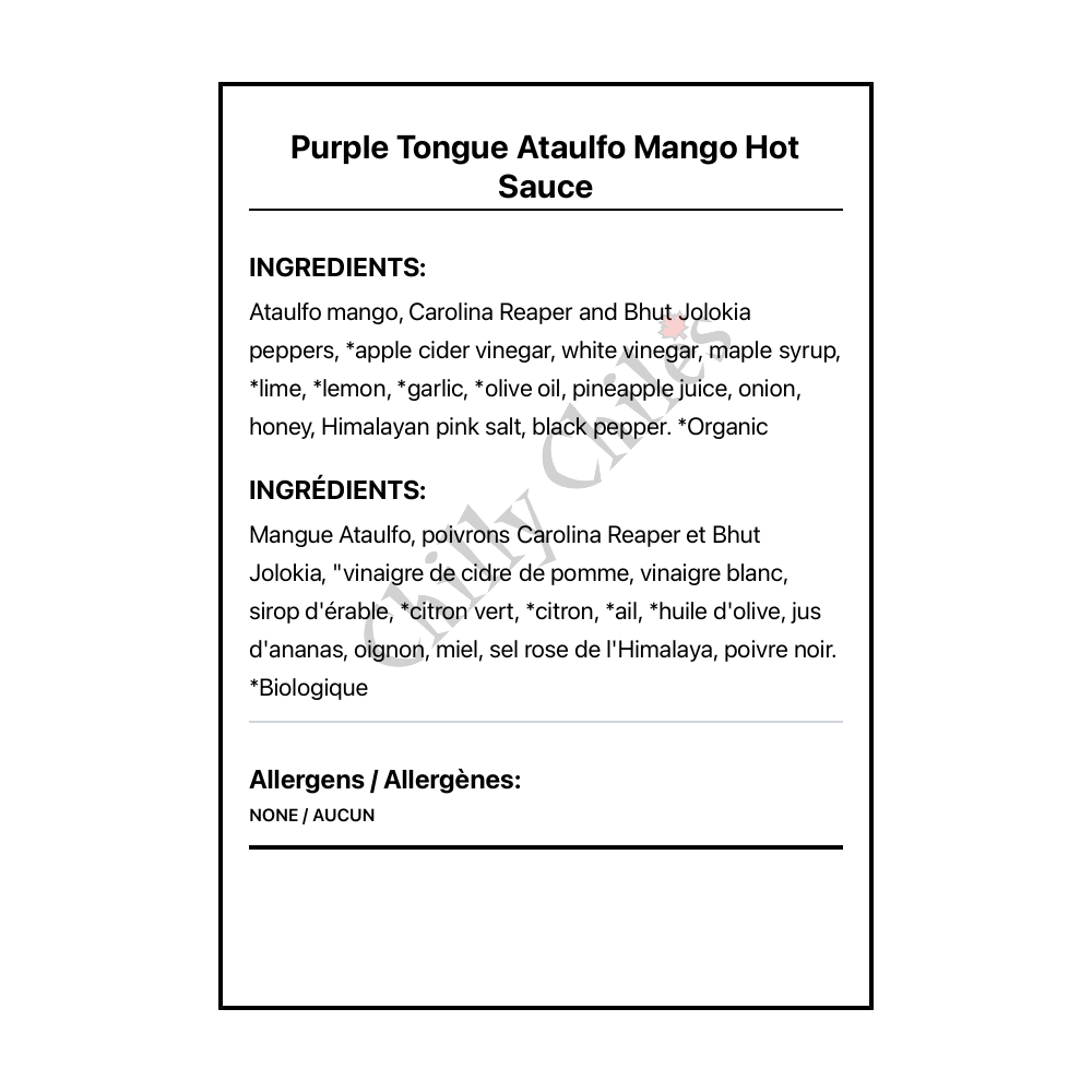 Purple Tongue Ataulfo Mango Hot Sauce - Bilingual Ingredients