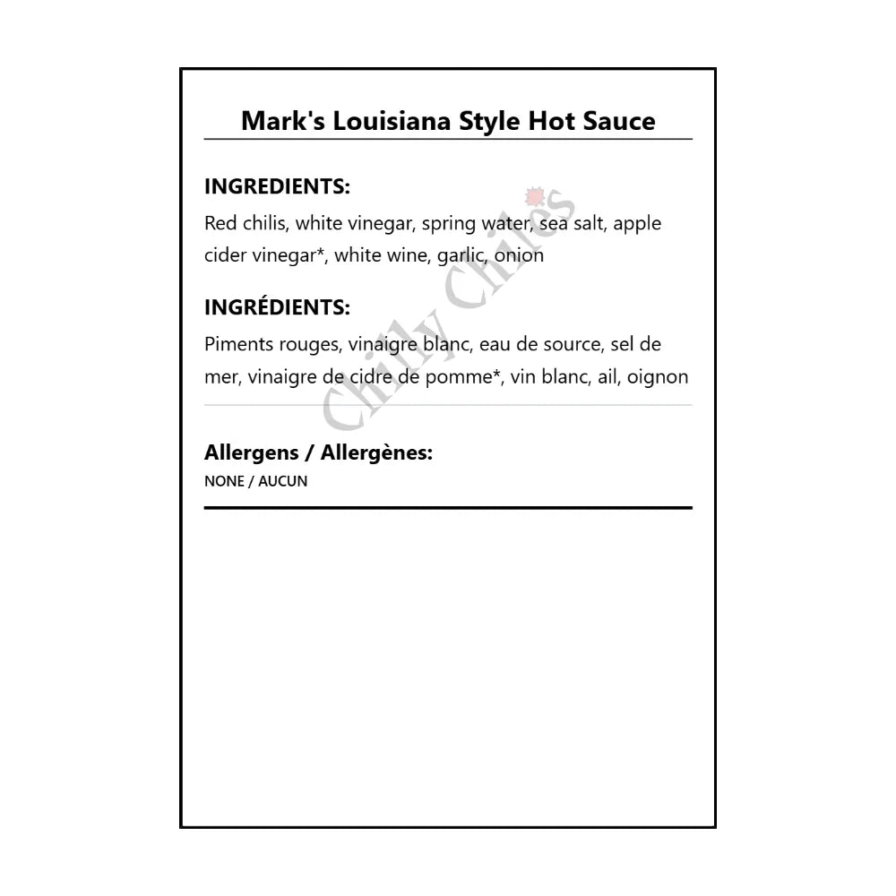 Mark's Louisiana Style Hot Sauce - Bilingual Ingredients