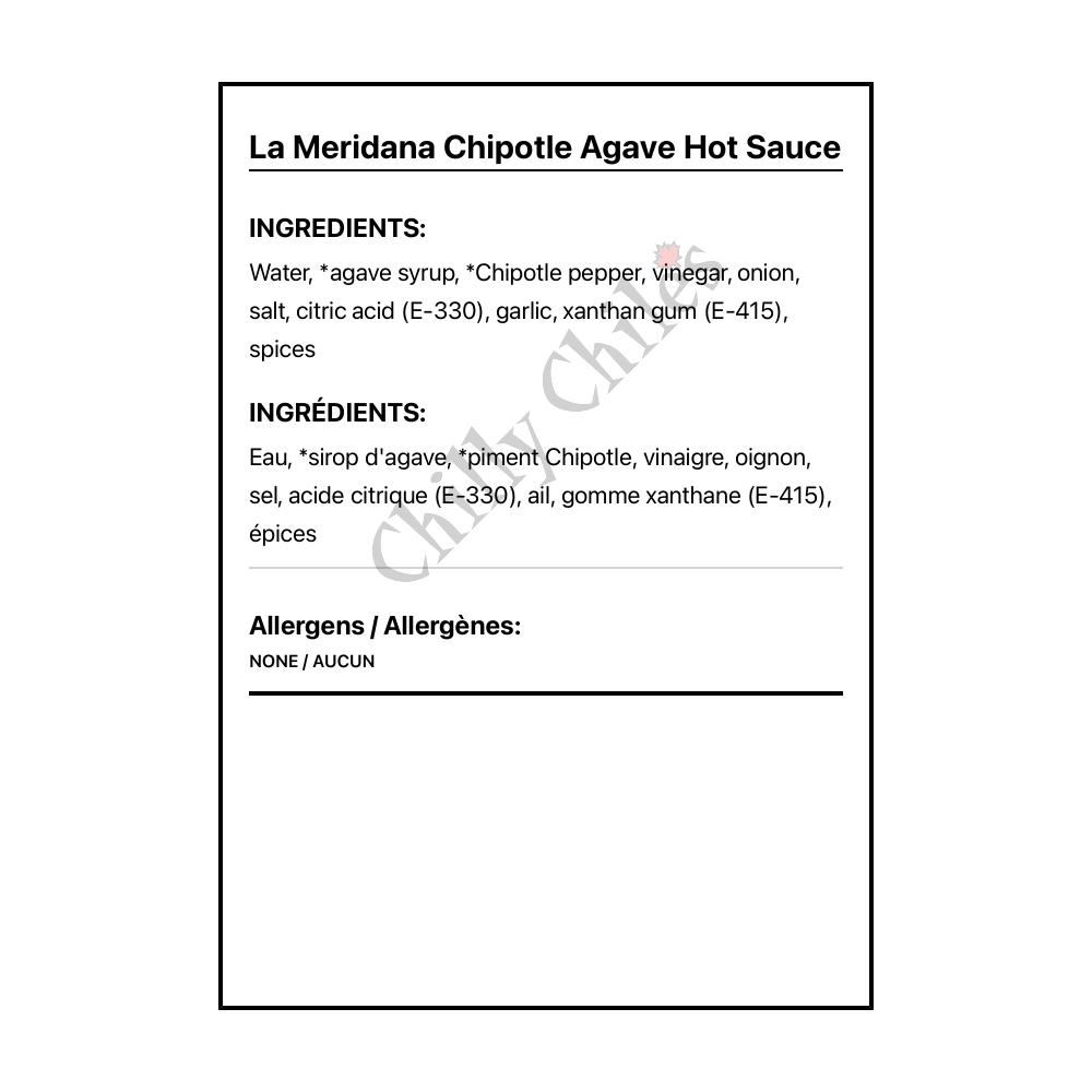 La Meridana Chipotle Agave Hot Sauce - Bilingual Ingredients