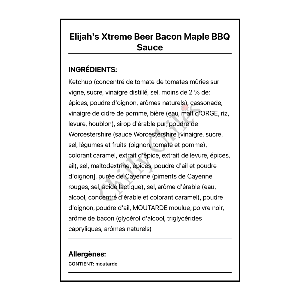 Elijah's Xtreme Beer Bacon Maple BBQ Sauce - Ingrédients Français