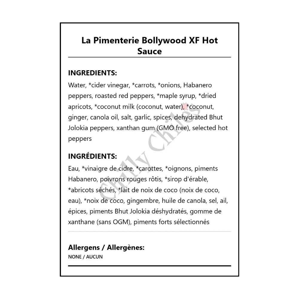 La Pimenterie Bollywood XF Hot Sauce - Bilingual Ingredients