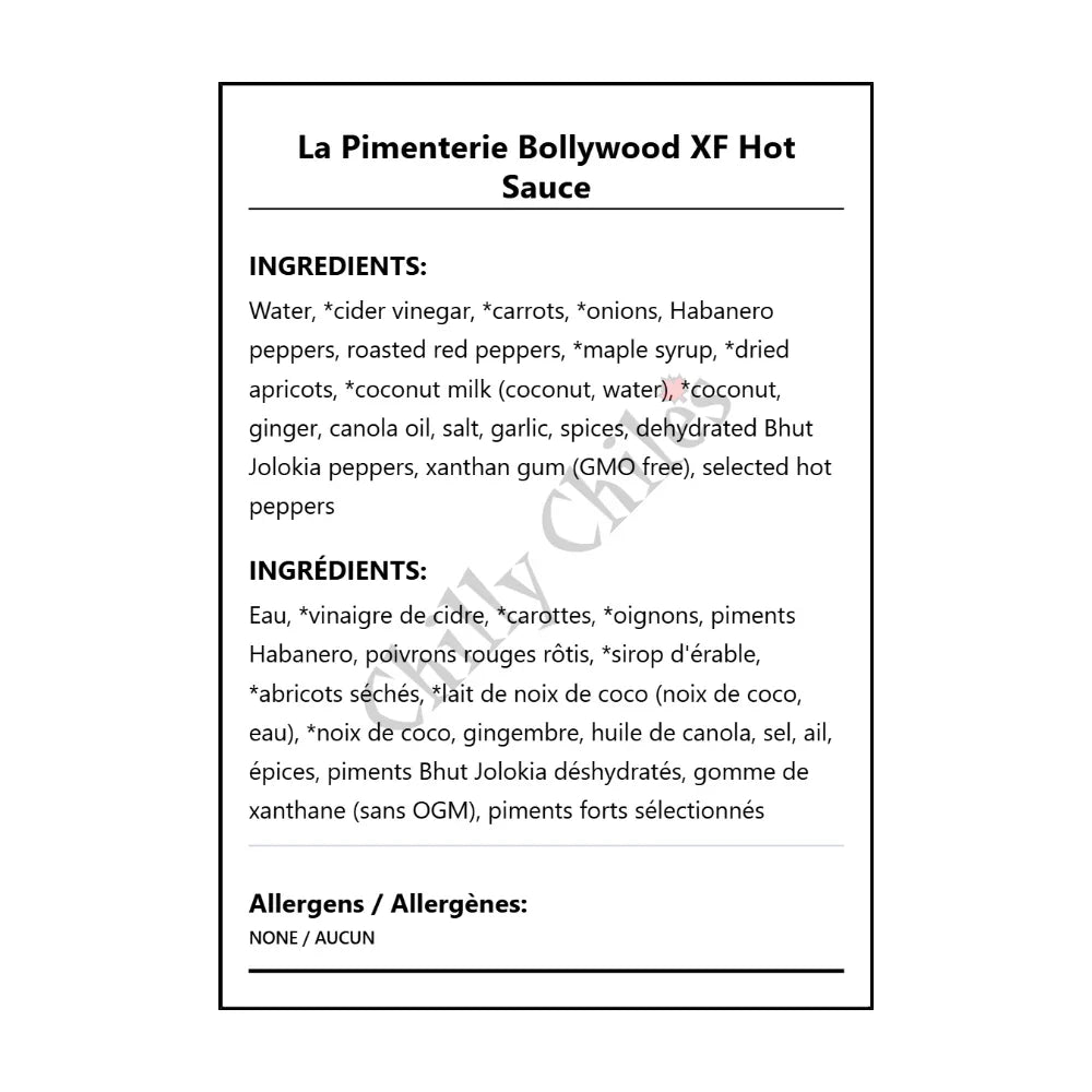 La Pimenterie Bollywood XF Hot Sauce - Bilingual Ingredients