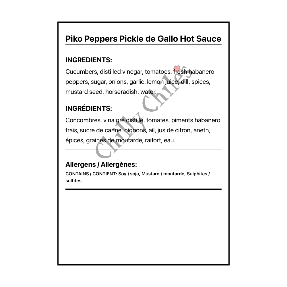 Piko Peppers Pickle de Gallo Hot Sauce - Bilingual Ingredients