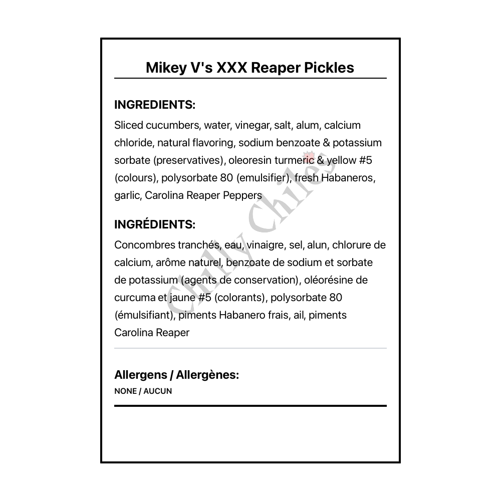 Mikey V's XXX Reaper Pickles - Bilingual Ingredients