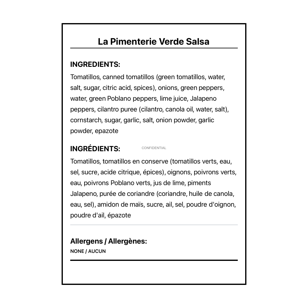 La Pimenterie Verde Salsa - Bilingual Ingredients