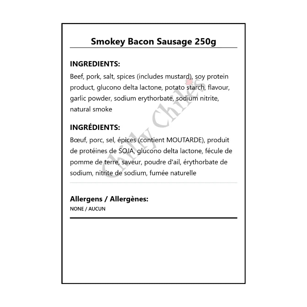 Smokey Bacon Sausage 250g - Bilingual Ingredients