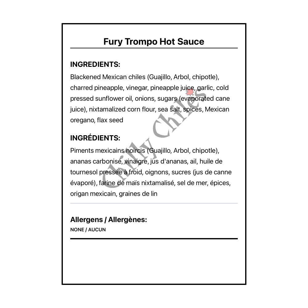 Fury Trompo Hot Sauce - Bilingual Ingredients