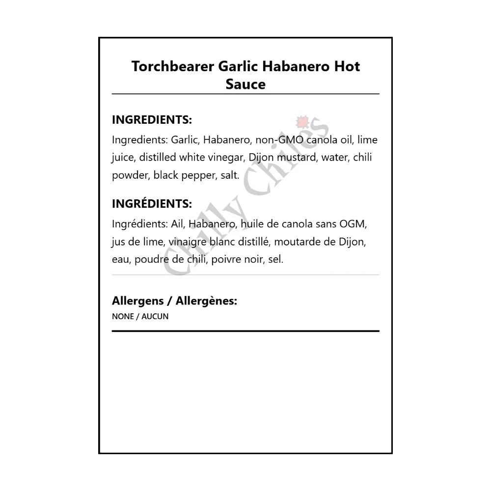 Torchbearer Garlic Habanero Hot Sauce - Bilingual Ingredients
