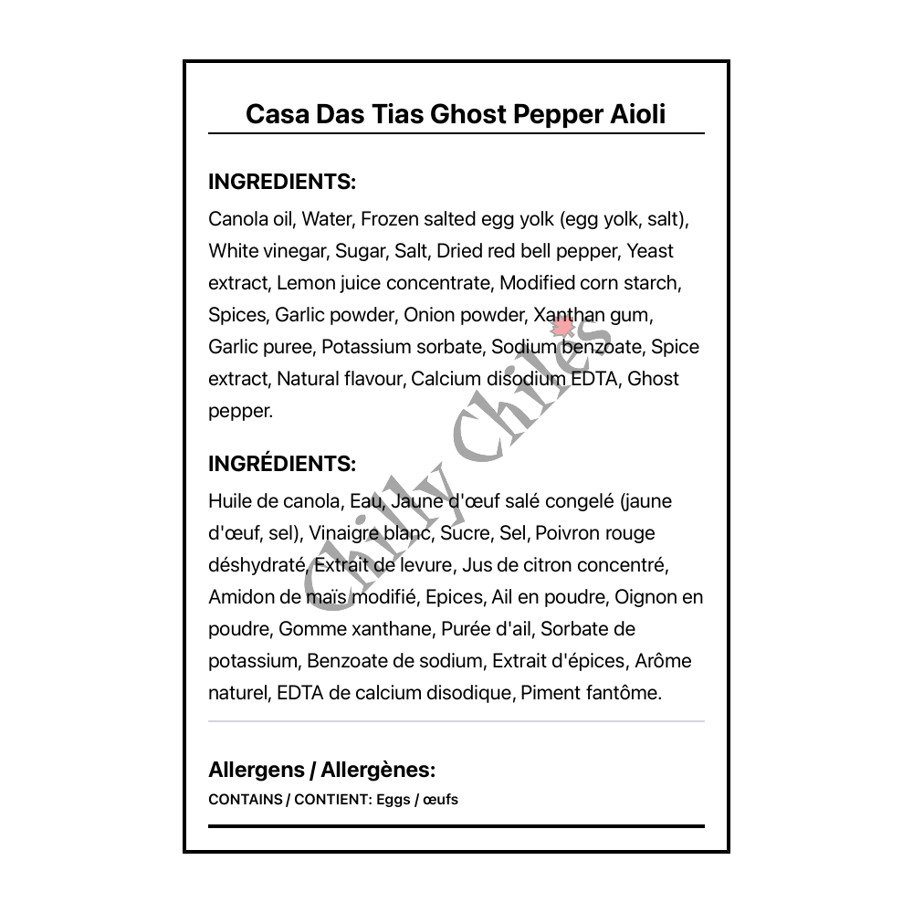 Casa Das Tias Ghost Pepper Aioli - Bilingual Ingredients