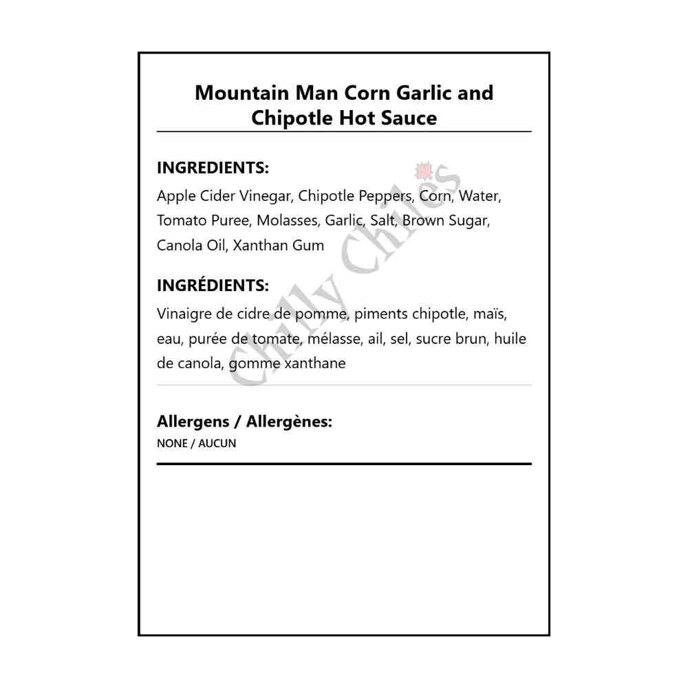 Mountain Man Corn Garlic and Chipotle Hot Sauce - Bilingual Ingredients