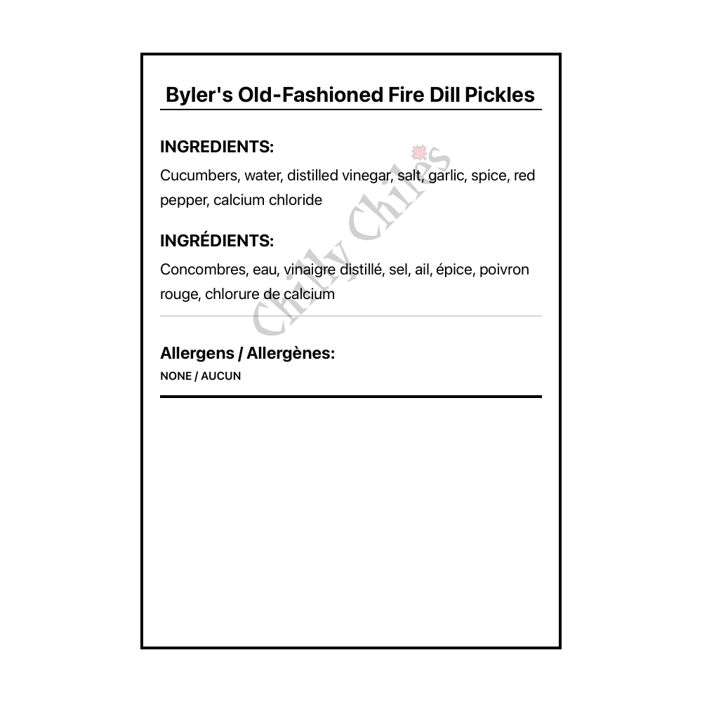 Byler's Old-Fashioned Fire Dill Pickles - Bilingual Ingredients