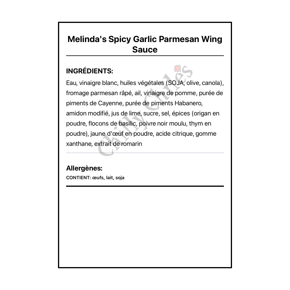 Melinda's Spicy Garlic Parmesan Wing Sauce - Ingrédients Français