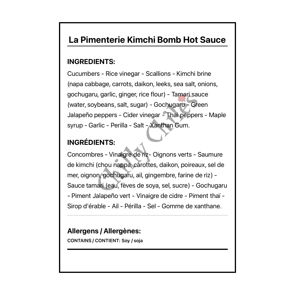 La Pimenterie Kimchi Bomb Hot Sauce - Bilingual Ingredients