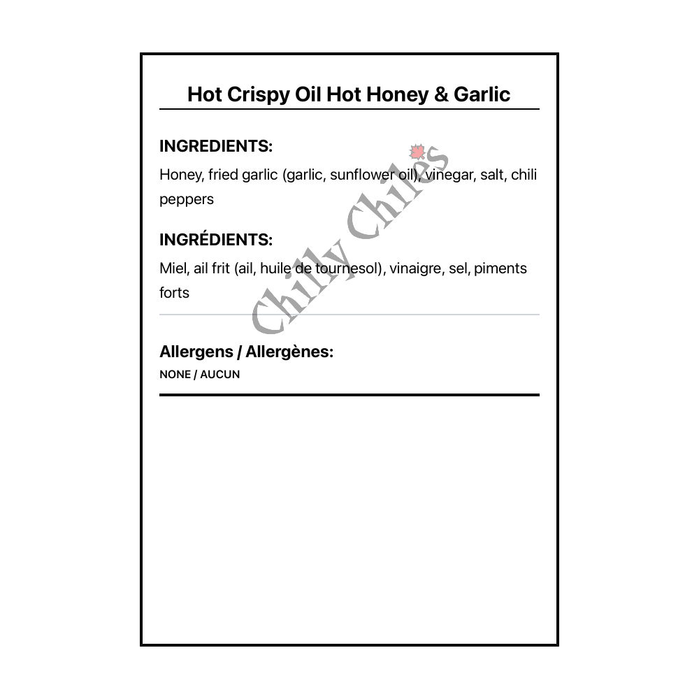 Hot Crispy Oil Hot Honey & Garlic - Bilingual Ingredients