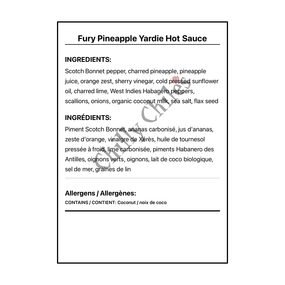 Fury Pineapple Yardie Hot Sauce - Bilingual Ingredients