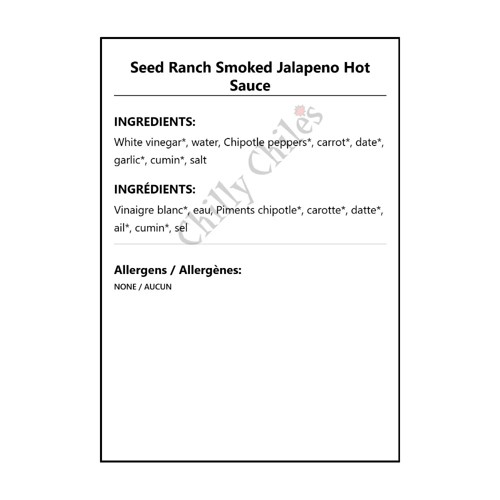 Seed Ranch Smoked Jalapeno Hot Sauce - Bilingual Ingredients