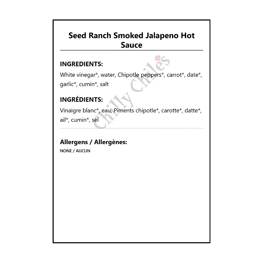 Seed Ranch Smoked Jalapeno Hot Sauce - Bilingual Ingredients