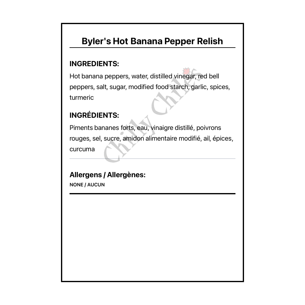 Byler's Hot Banana Pepper Relish - Bilingual Ingredients