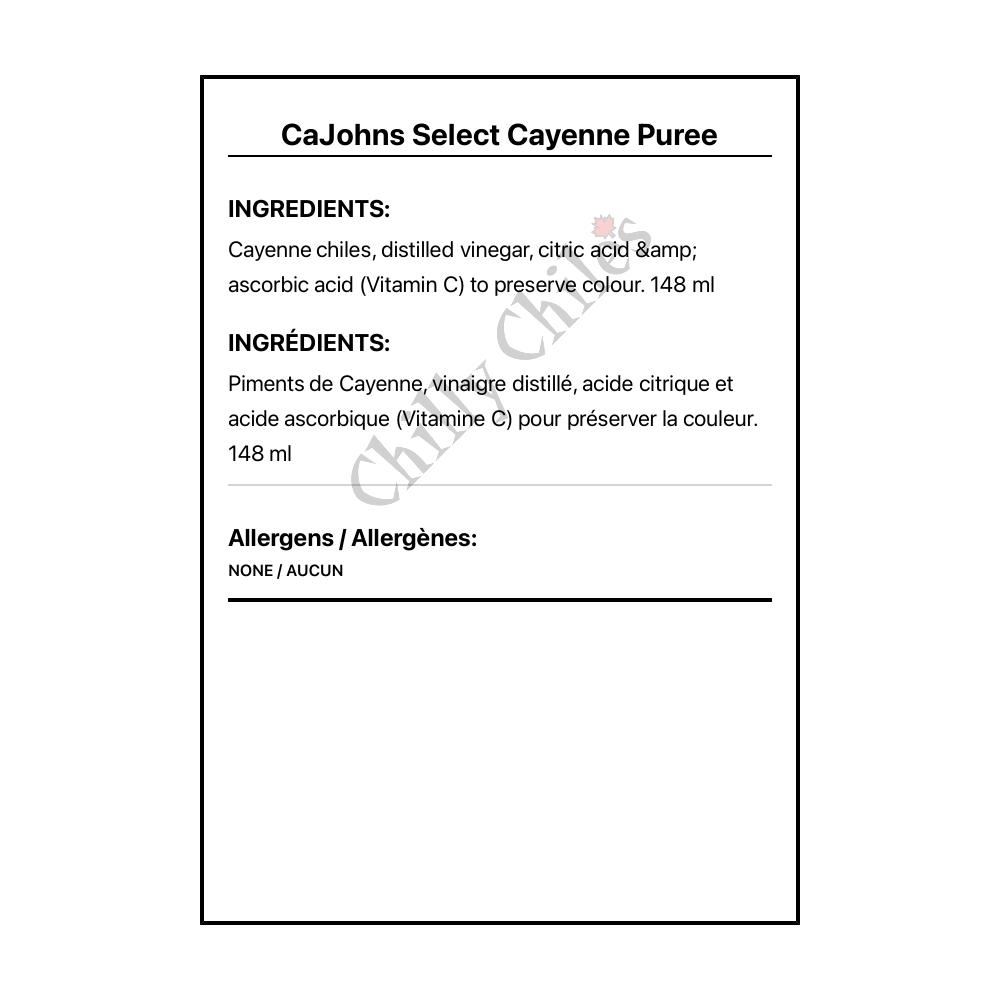 CaJohns Select Cayenne Puree - Bilingual Ingredients
