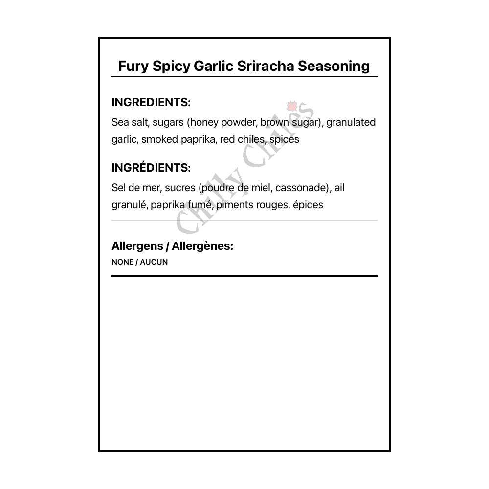 Fury Spicy Garlic Sriracha Seasoning - Bilingual Ingredients