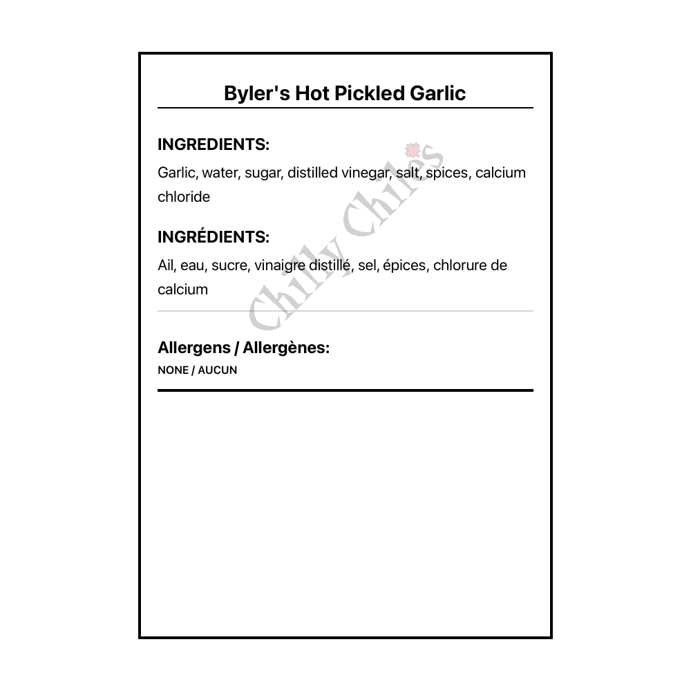 Byler's Hot Pickled Garlic - Bilingual Ingredients