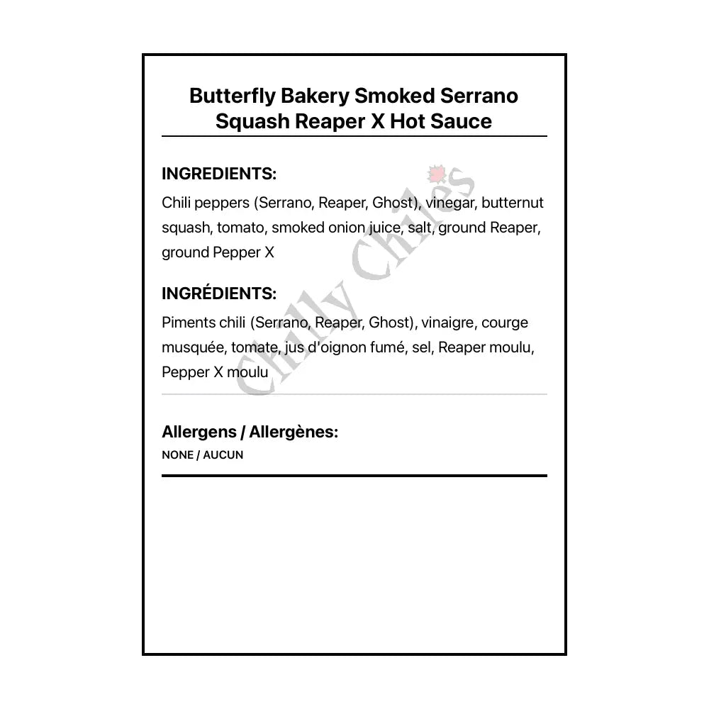 Butterfly Bakery Smoked Serrano Squash Reaper X Hot Sauce - Hot Sauce