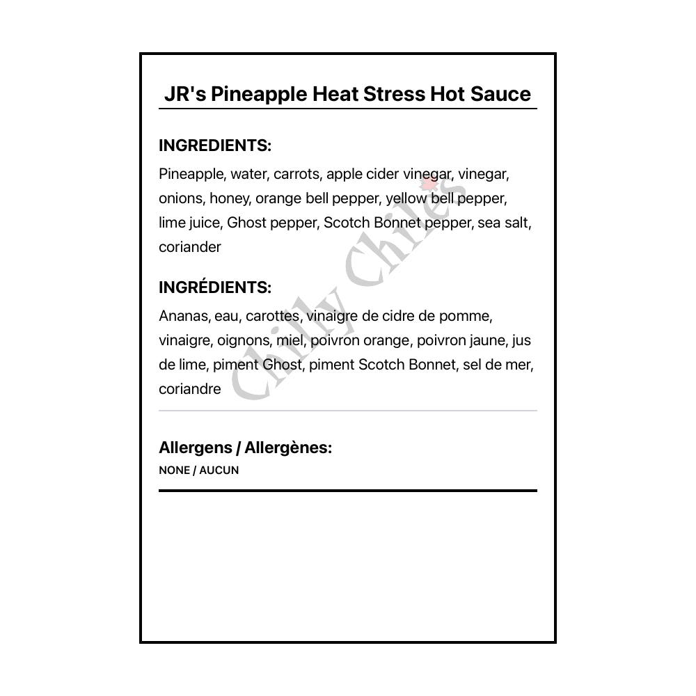 JR's Pineapple Heat Stress Hot Sauce - Bilingual Ingredients
