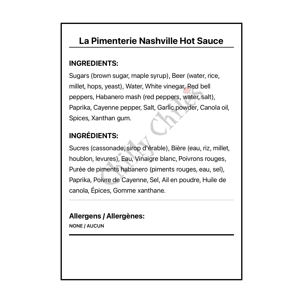 La Pimenterie Nashville Hot Sauce - Bilingual Ingredients