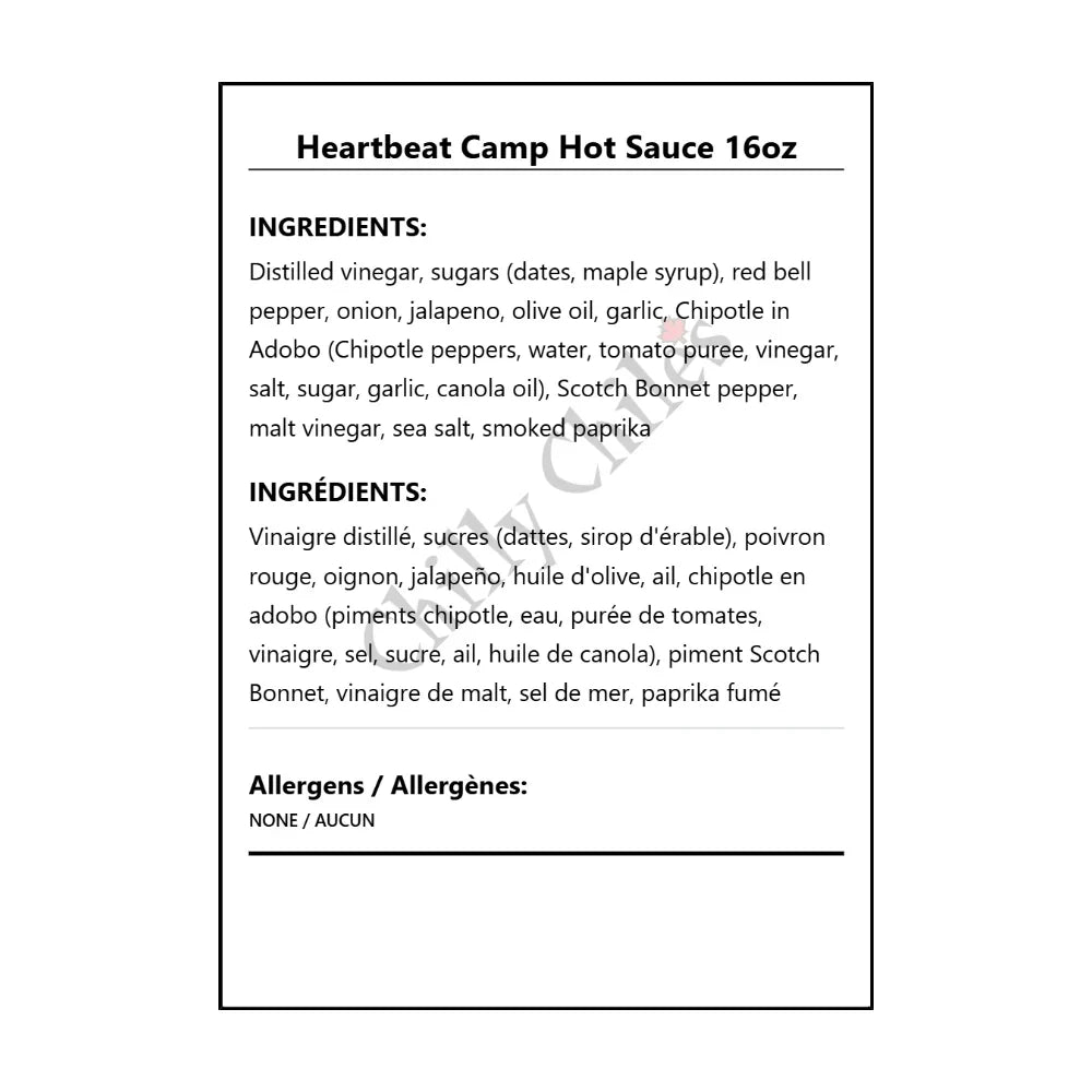 Heartbeat Camp Hot Sauce 16oz - Bilingual Ingredients