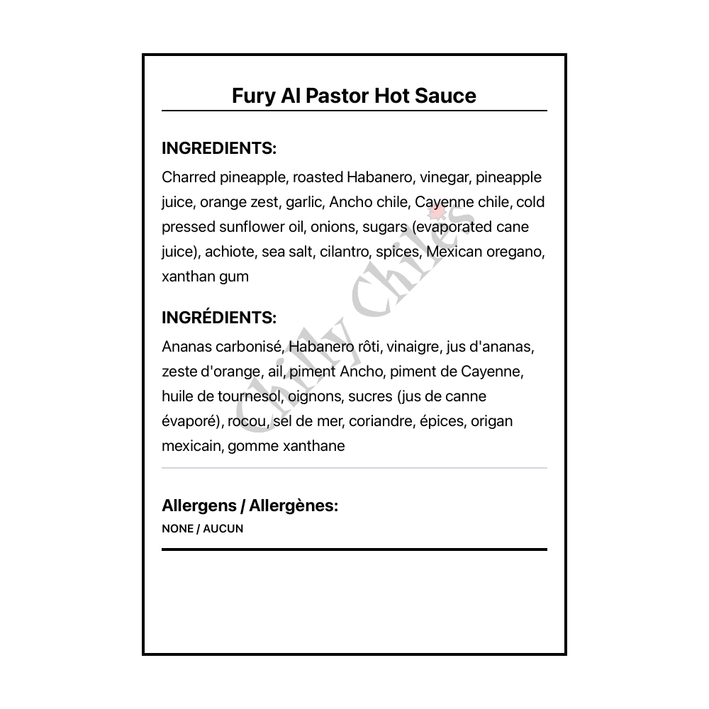 Fury Al Pastor Hot Sauce - Bilingual Ingredients