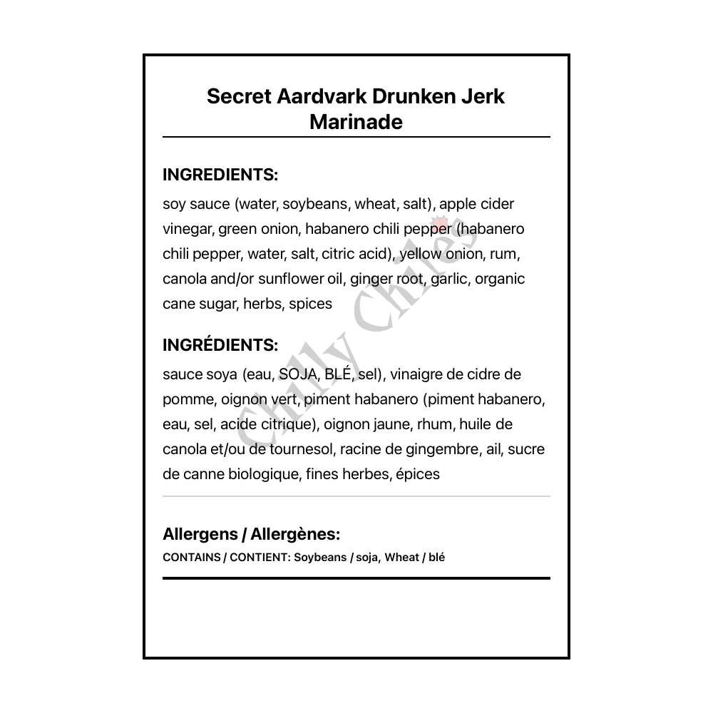 Secret Aardvark Drunken Jerk Marinade - Bilingual Ingredients